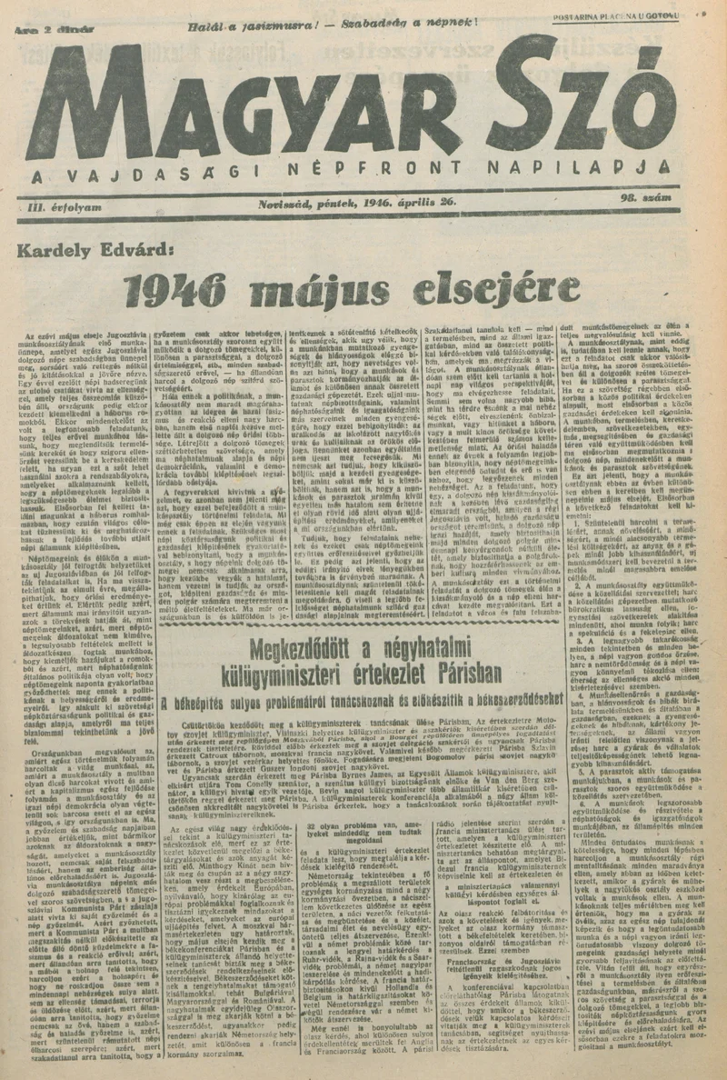 Magyar Szó, 3. évf. 1946. április 26. 98. sz. 1–6. oldal