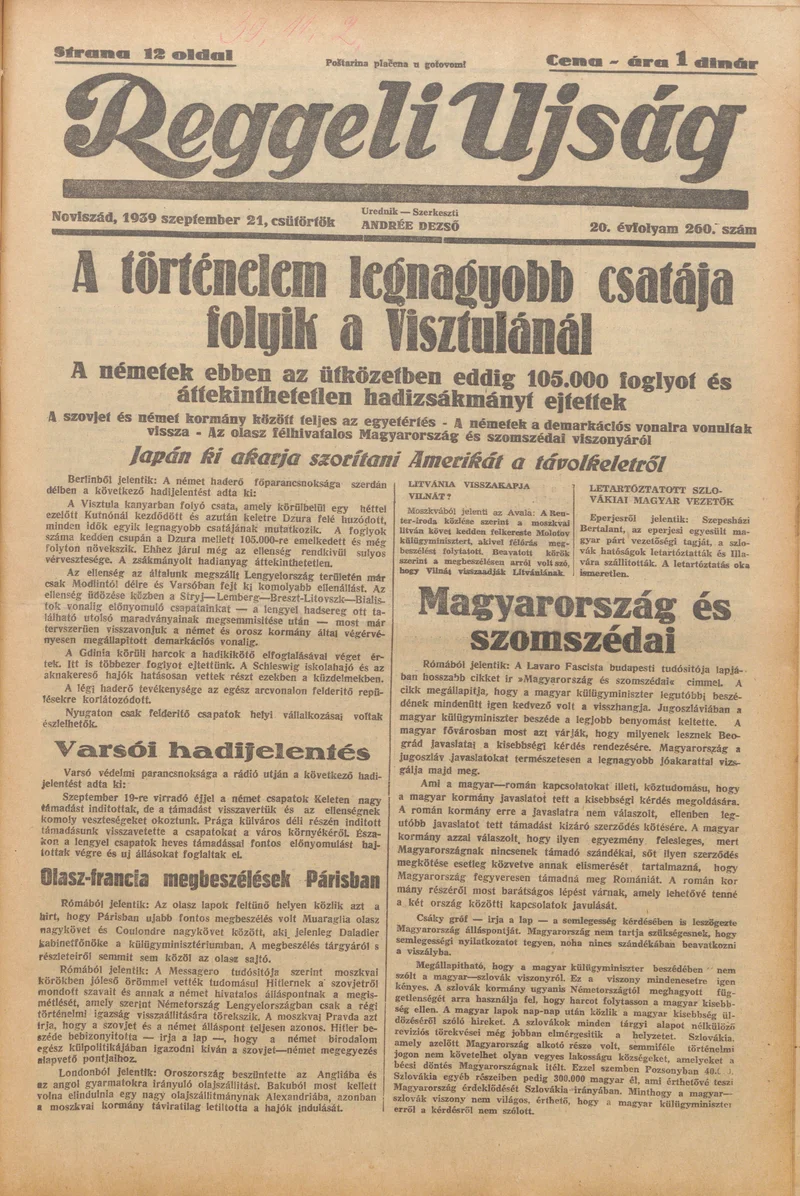 Reggeli Újság, 20. évf. 1939. szeptember 21. 260. sz.