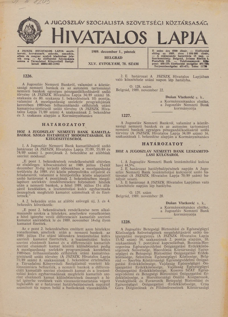 A Jugoszláv Szocialista Szövetségi Köztársaság Hivatalos Lapja, 45. évf. 1989. december 1. 78. sz. 1977–1980. oldal