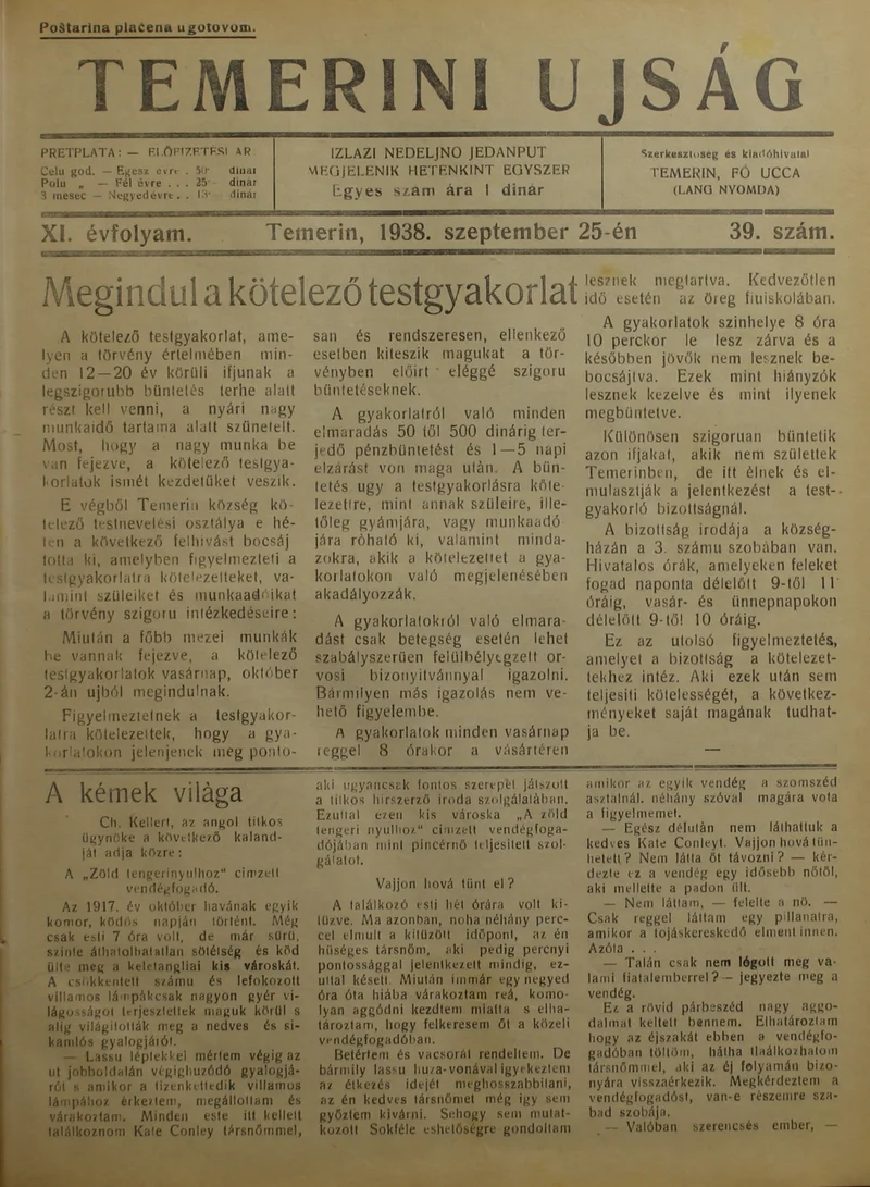 Temerini Újság 1928-1944, 11. évf. 1938. szeptember 25. 39. sz.