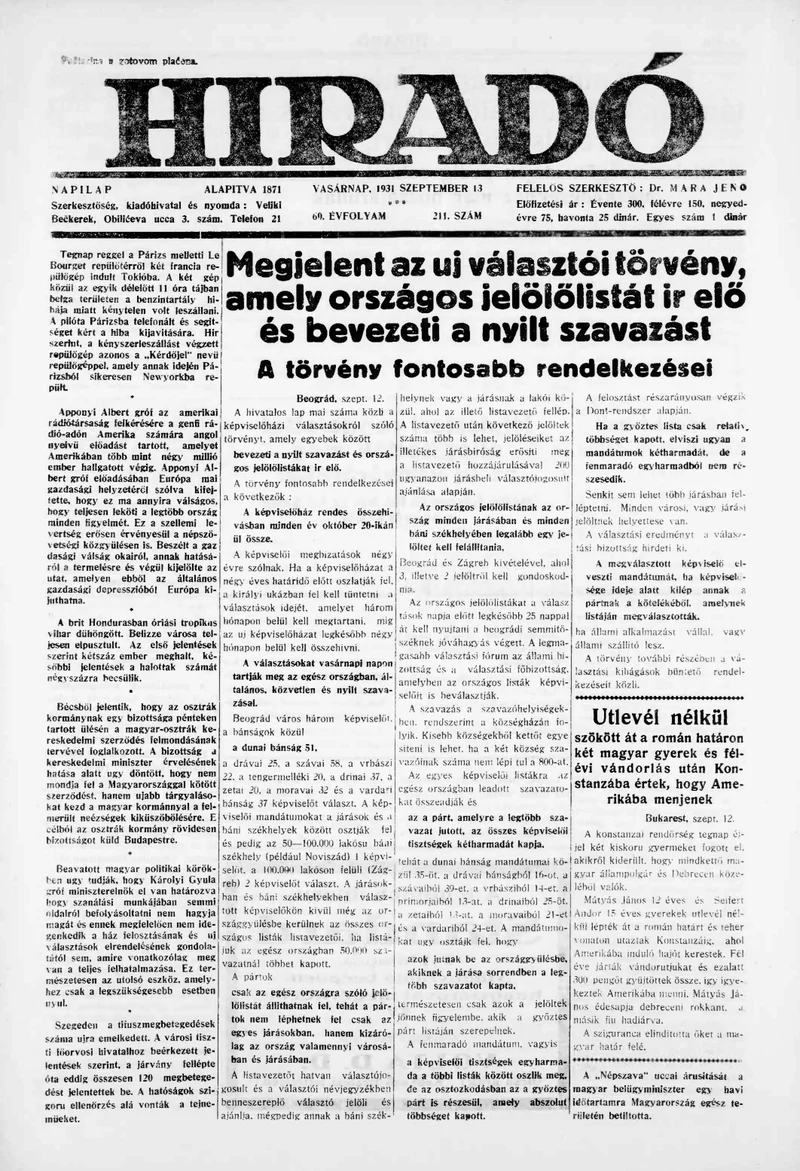 Híradó, 60. évf. 1931. szeptember 13. 211. sz.
