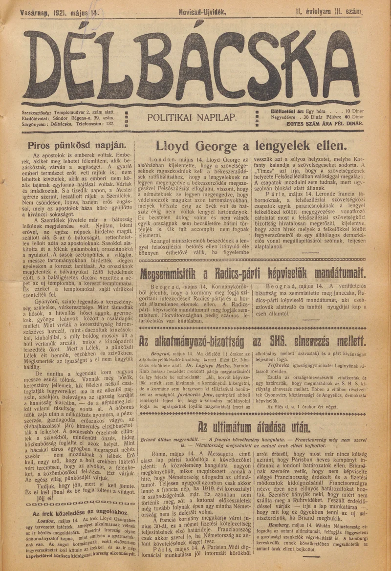 Délbácska, 2. évf. 1921. május 15. 111. sz.