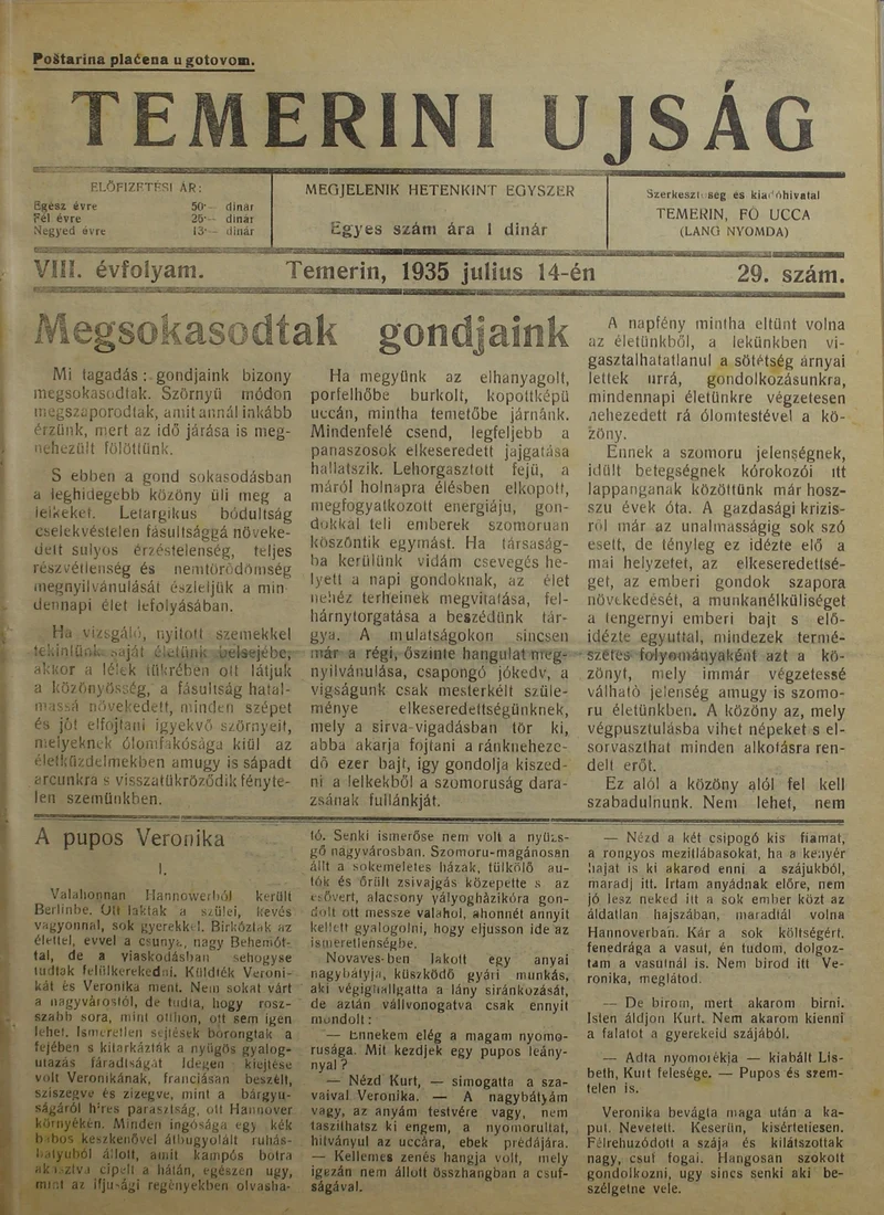 Temerini Újság 1928-1944, 8. évf. 1935. július 14. 29. sz.
