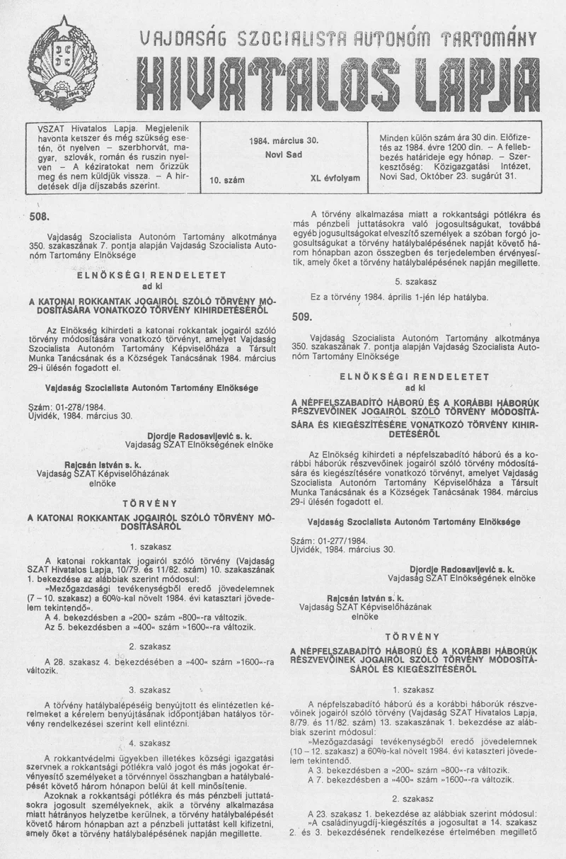 Vajdaság Szocialista Autonóm Tartomány Hivatalos Lapja, 40. évf. 1984. március 30. 10. sz.