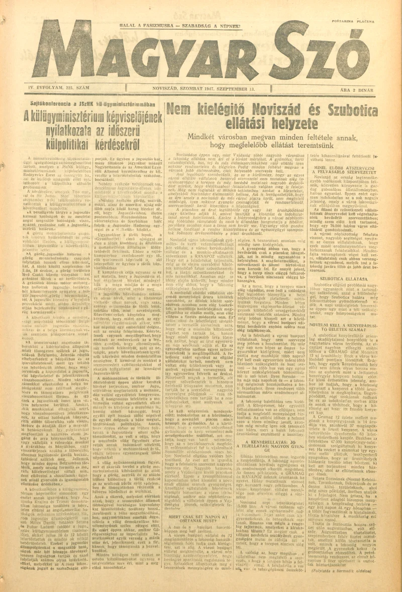 Magyar Szó, 4. évf. 1947. szeptember 13. 225. sz.