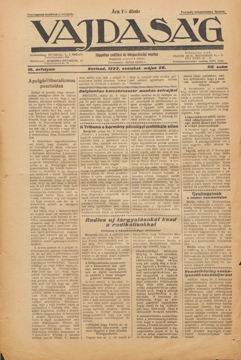 Vajdaság, 3. évf. 1923. május 26. 118. sz.