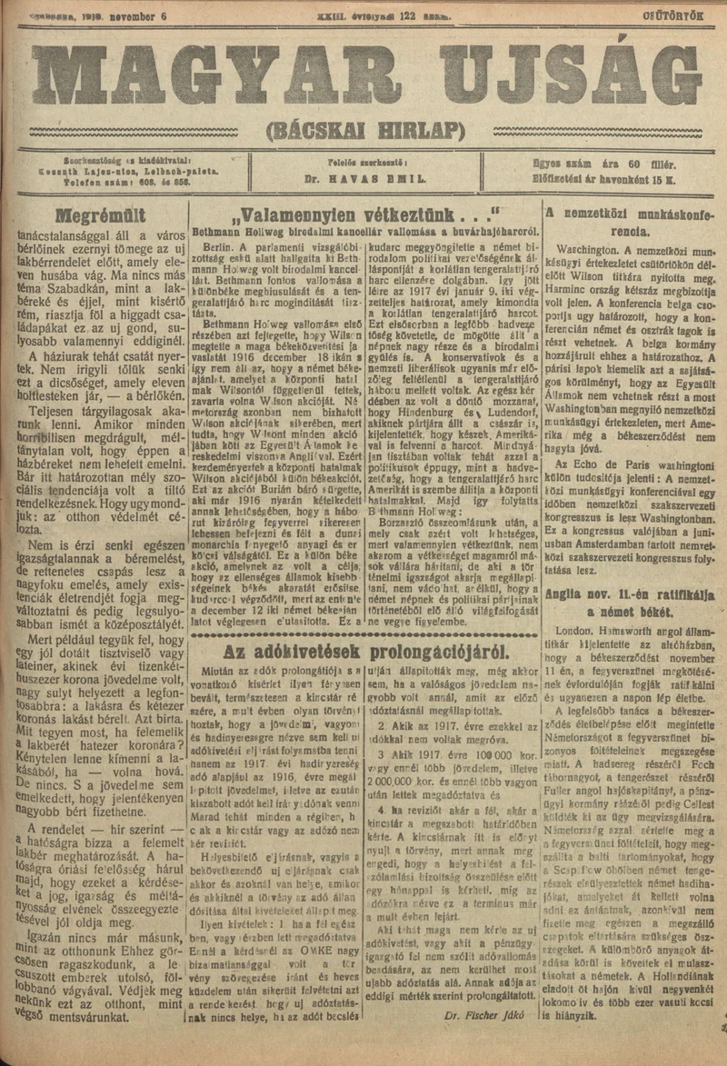 Bácskai Hirlap, 23. évf. 1919. november 6. 122. sz.