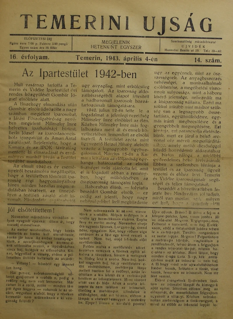 Temerini Újság 1928-1944, 16. évf. 1943. április 4. 14. sz.