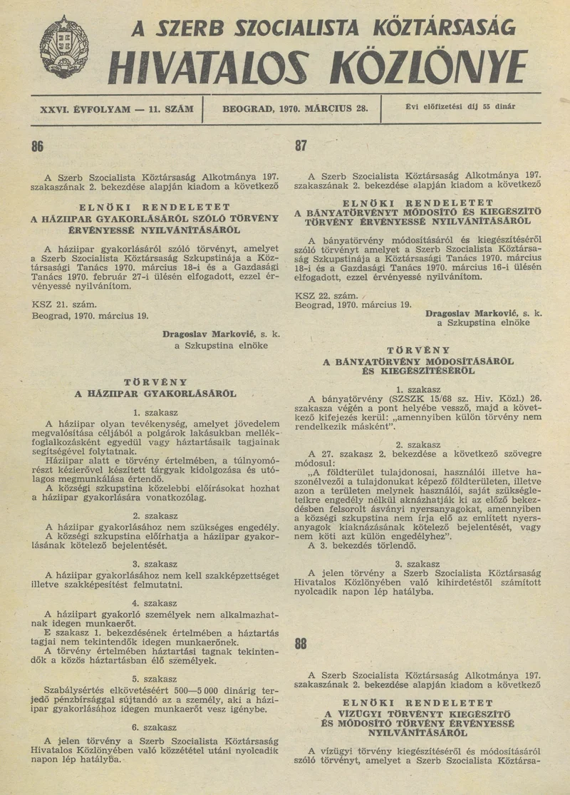 A Szerb Szocialista Köztársaság Hivatalos Közlönye, 26. évf. 1970. március 28. 11. sz. 293–294. oldal