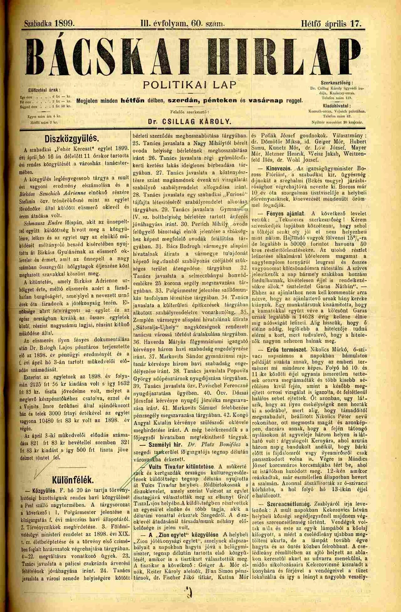 Bácskai Hirlap, 3. évf. 1899. április 17. 60. sz.