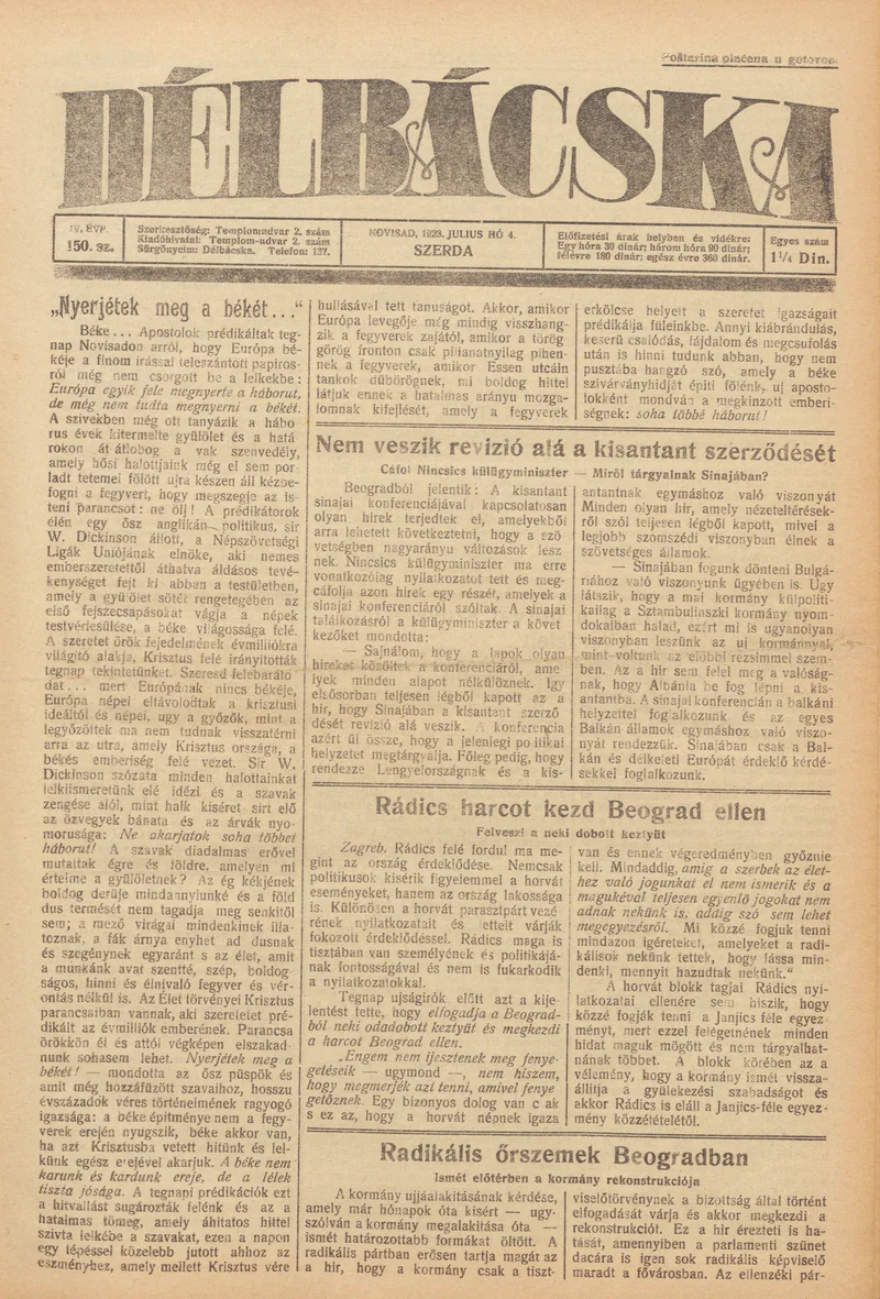 Délbácska, 4. évf. 1923. július 4. 150. sz.