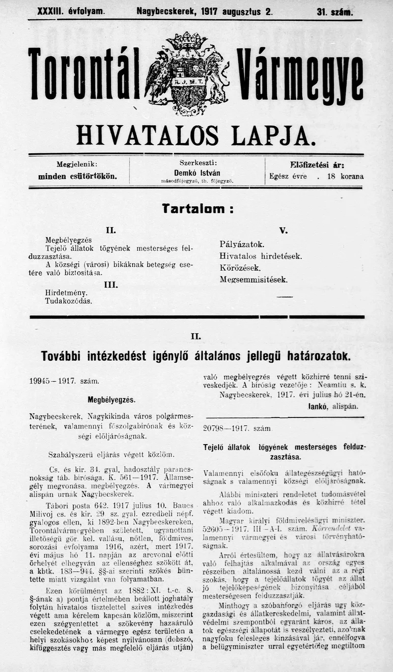 Torontál Vármegye Hivatalos Lapja, 33. évf. 1917. augusztus 2. 31. sz.