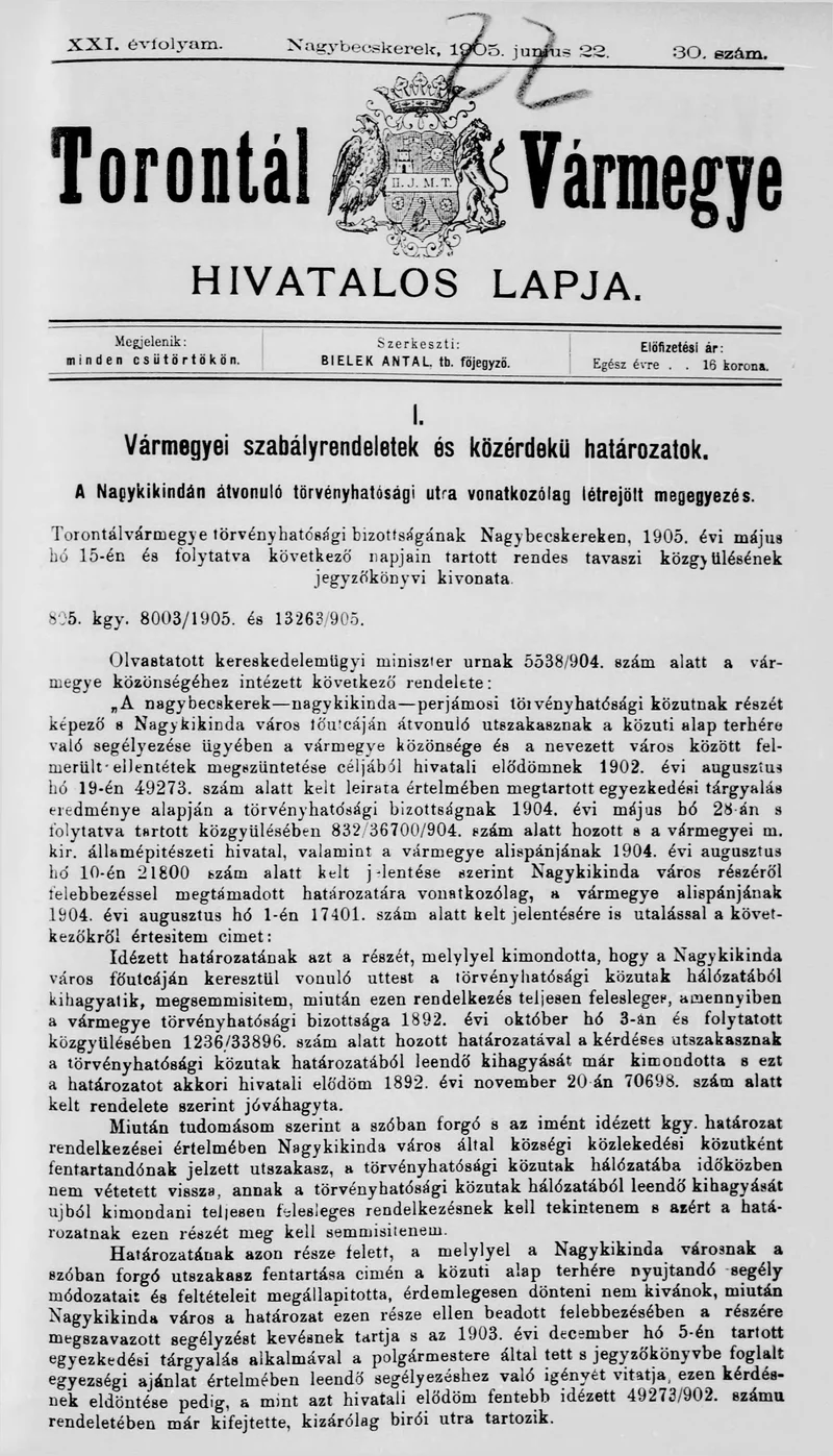 Torontál Vármegye Hivatalos Lapja, 21. évf. 1905. június 22. 30. sz.
