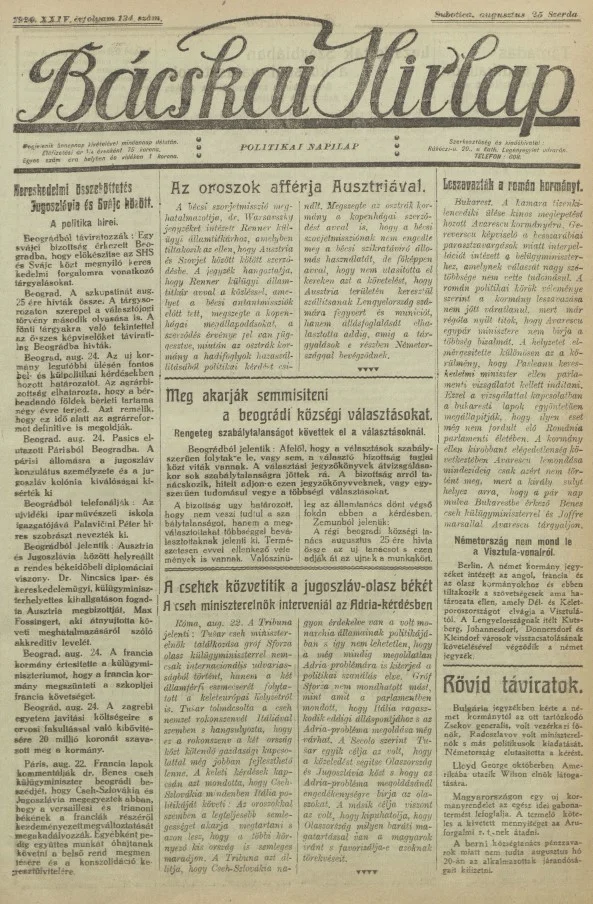 Bácskai Hirlap, 24. évf. 1920. augusztus 25. 134. sz.
