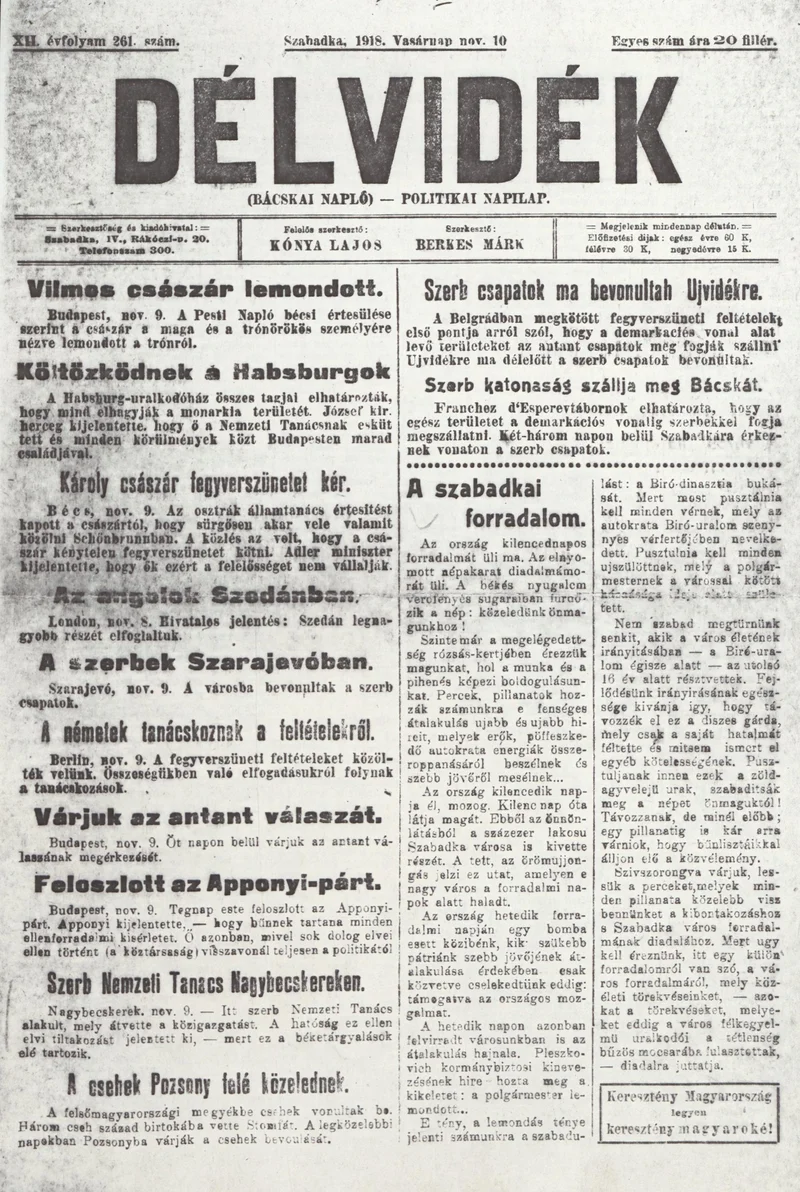 Délvidék, 12. évf. 1918. november 10. 261. sz.