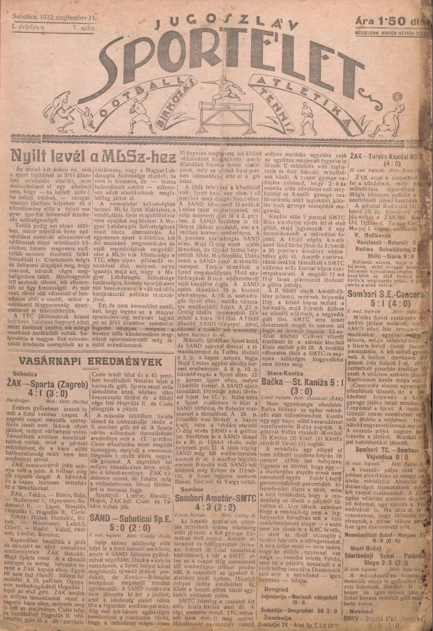 Jugoszláv sportélet, 1. évf. 1922. szeptember 11. 7. sz.