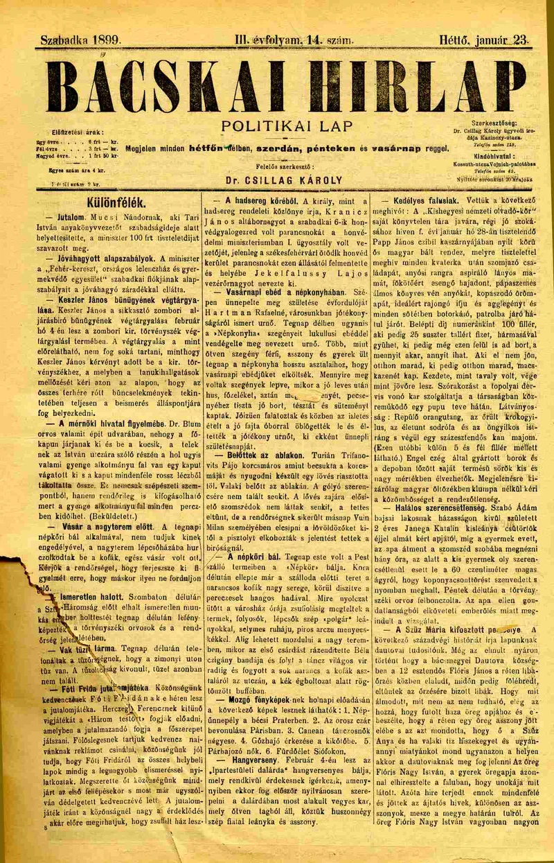 Bácskai Hirlap, 3. évf. 1899. január 23. 14. sz.