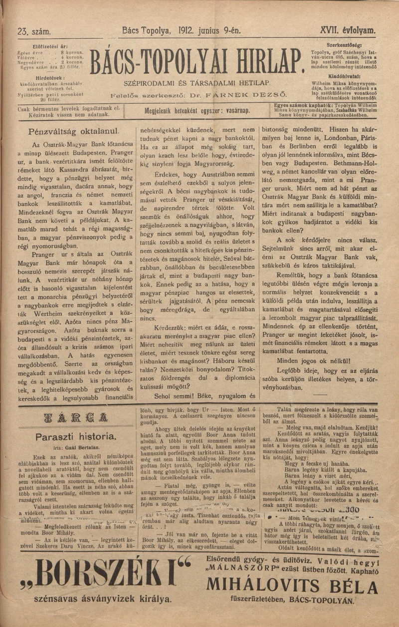 Bács-Topolyai Hirlap, 17. évf. 1912. június 9. 23. sz.