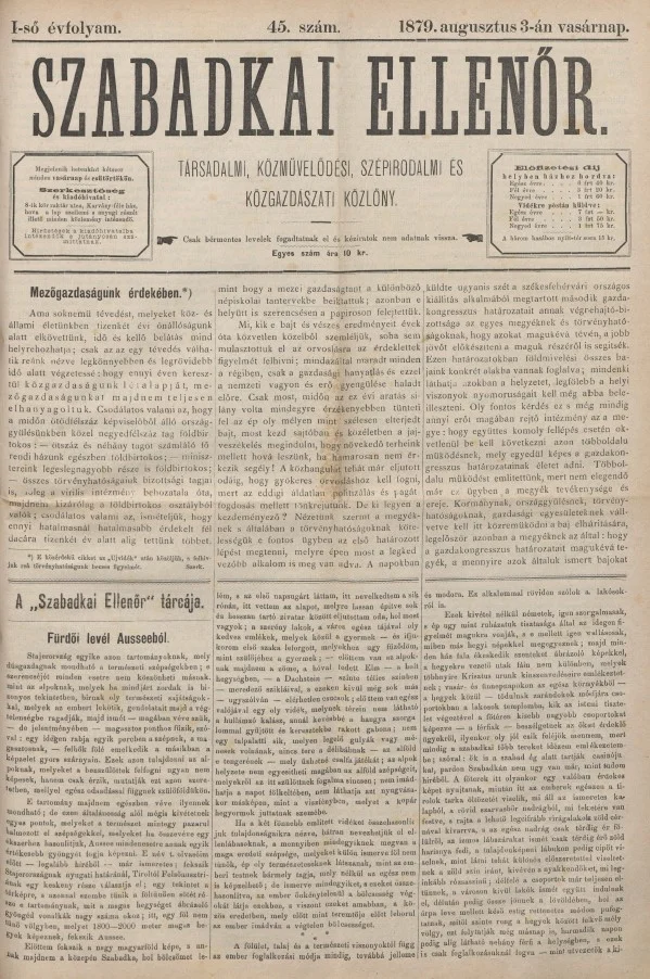 Szabadkai Ellenőr, 1. évf. 1879. augusztus 3. 45. sz.
