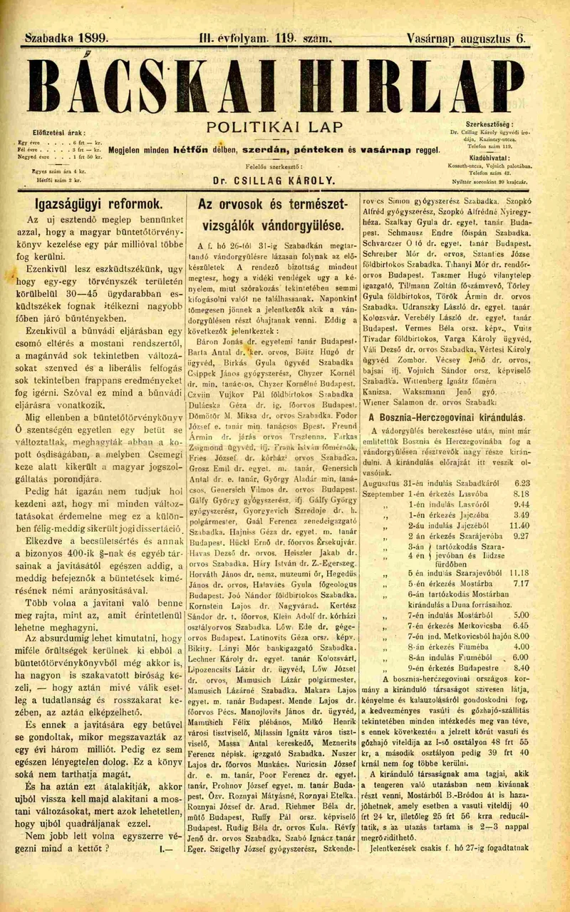 Bácskai Hirlap, 3. évf. 1899. augusztus 6. 119. sz.