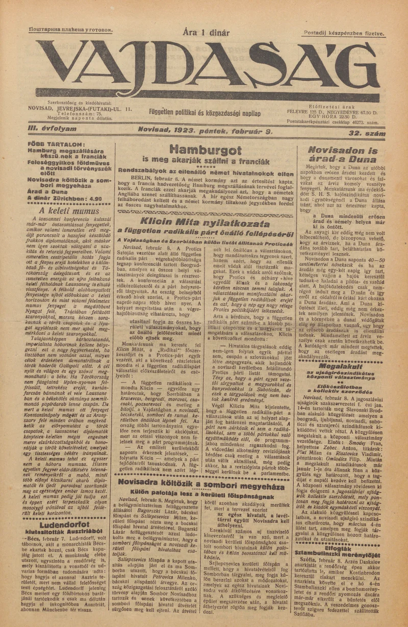 Vajdaság, 3. évf. 1923. február 9. 32. sz.