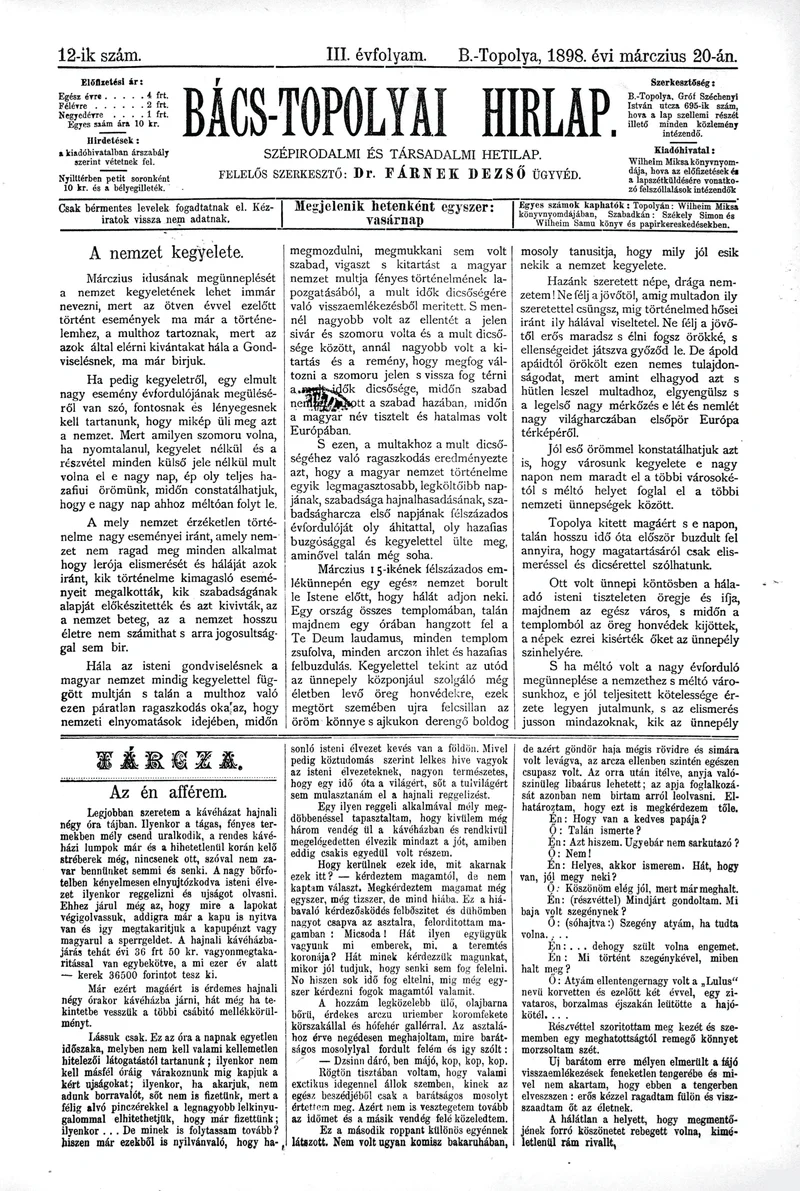Bács-Topolyai Hirlap, 3. évf. 1898. március 20. 12. sz.