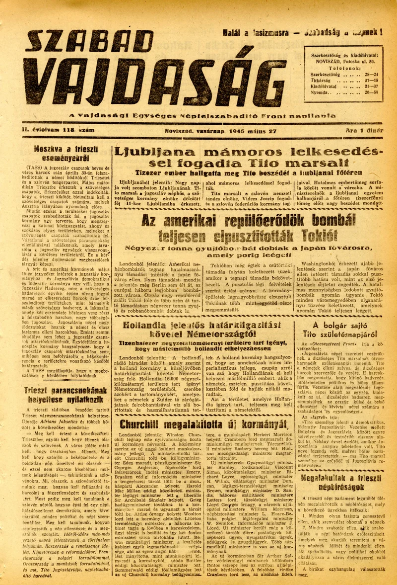 Szabad Vajdaság, 2. évf. 1945. május 27. 118. sz.
