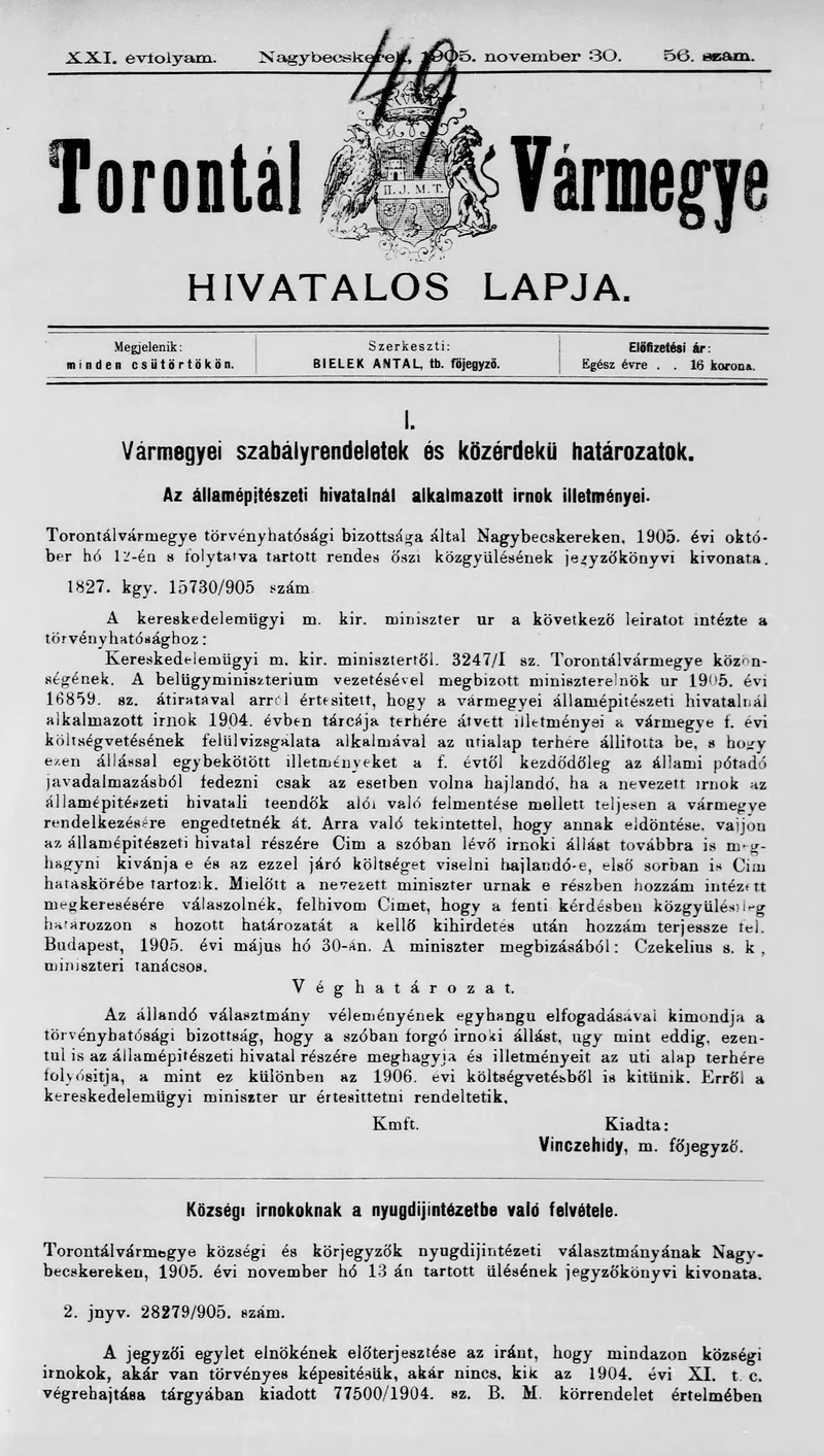 Torontál Vármegye Hivatalos Lapja, 21. évf. 1905. november 30. 56. sz.