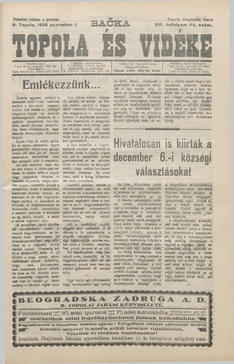 Bačka Topola és Vidéke, 13. évf. 1936. november 1. 44. sz.