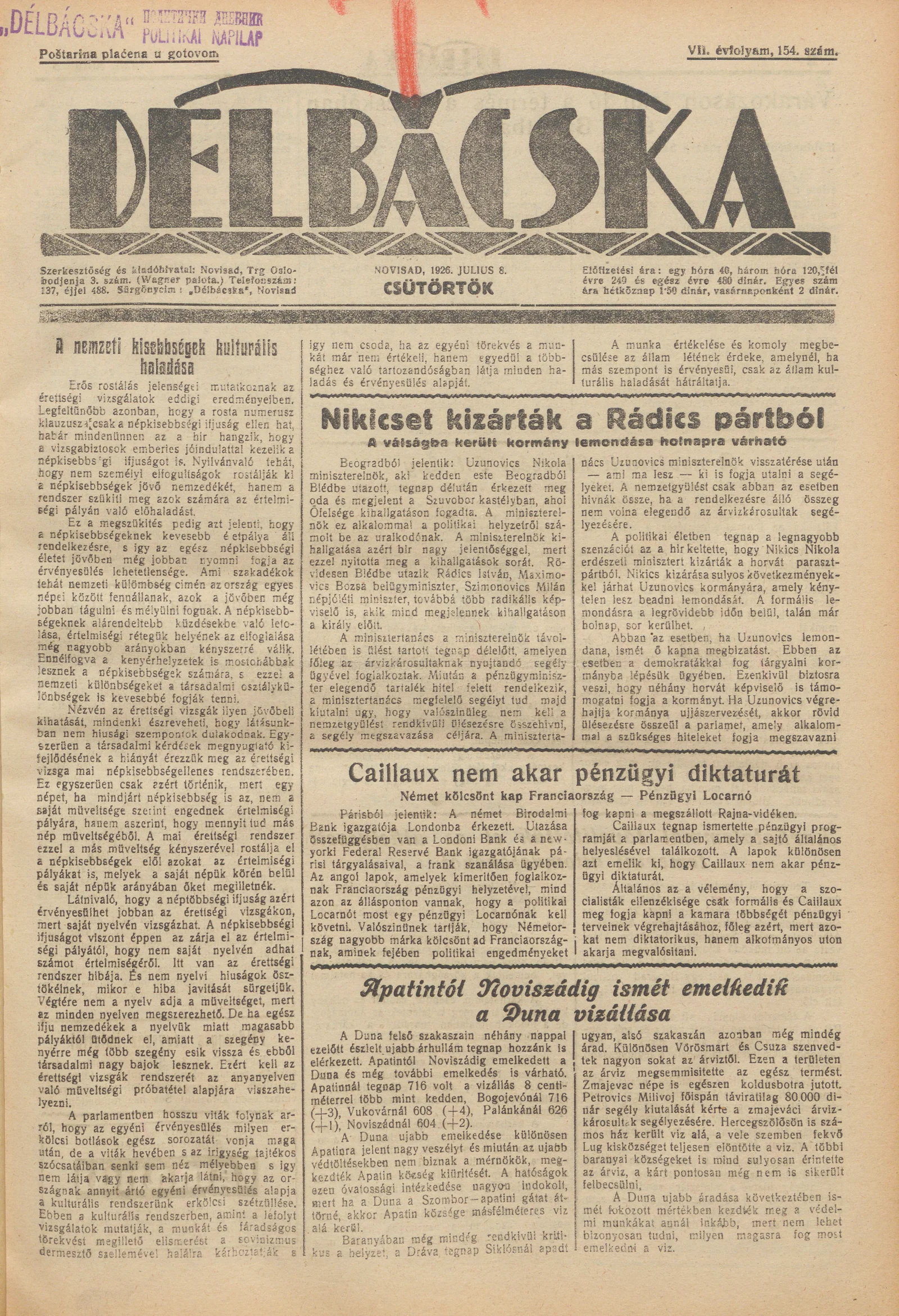 Délbácska, 7. évf. 1926. július 8. 154. sz.