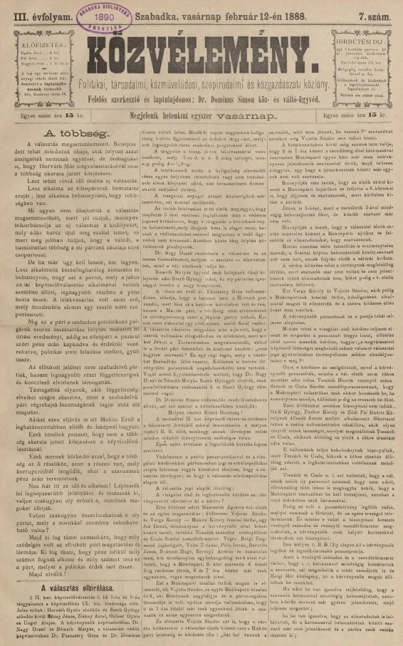 Közvélemény, 3. évf. 1888. február 12. 7. sz.