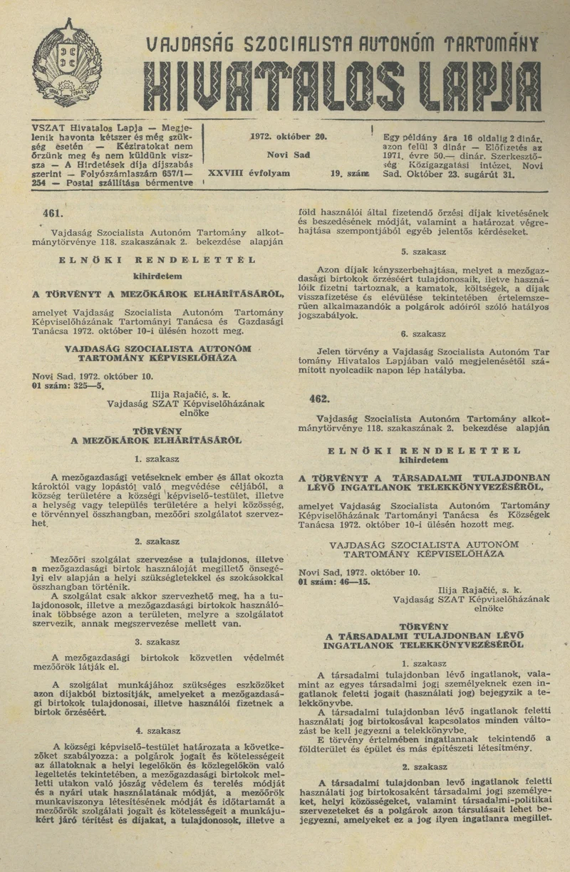 Vajdaság Szocialista Autonóm Tartomány Hivatalos Lapja, 28. évf. 1972. október 20. 19. sz. 681–684. oldal