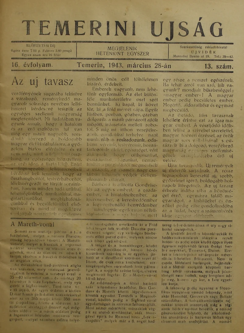 Temerini Újság 1928-1944, 16. évf. 1943. március 28. 13. sz.
