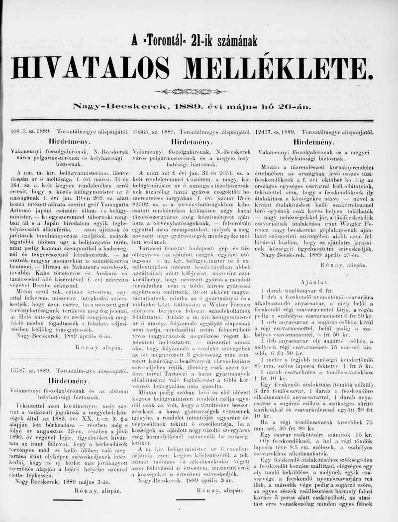 A Totontál  hivatalos melléklete, 2. évf. 1889. május 26. 21. sz.