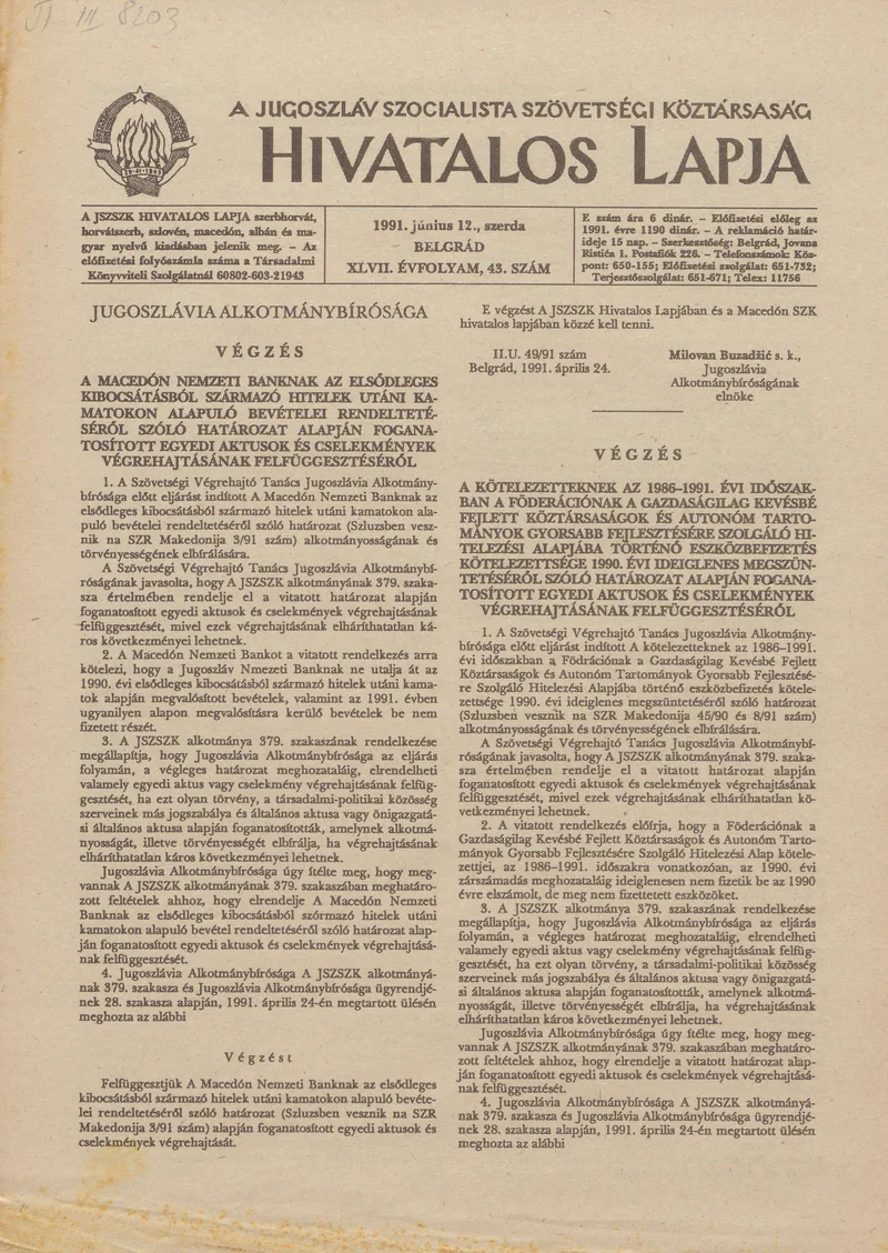 A Jugoszláv Szocialista Szövetségi Köztársaság Hivatalos Lapja, 47. évf. 1991. június 12. 43. sz. 685–688. oldal