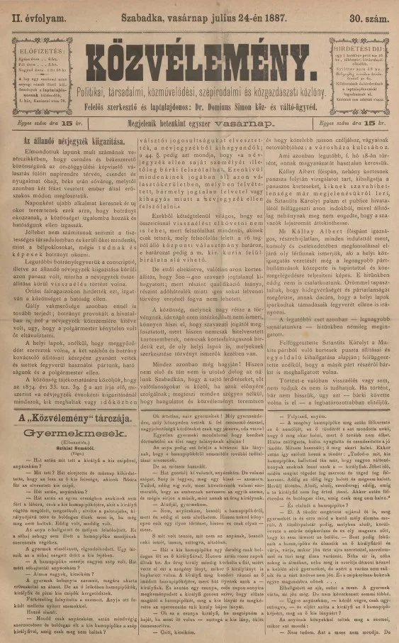 Közvélemény, 2. évf. 1887. július 24. 30. sz.