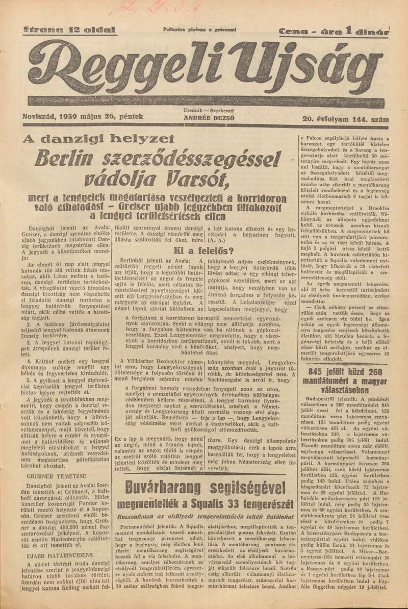 Reggeli Újság, 20. évf. 1939. május 26. 144. sz.