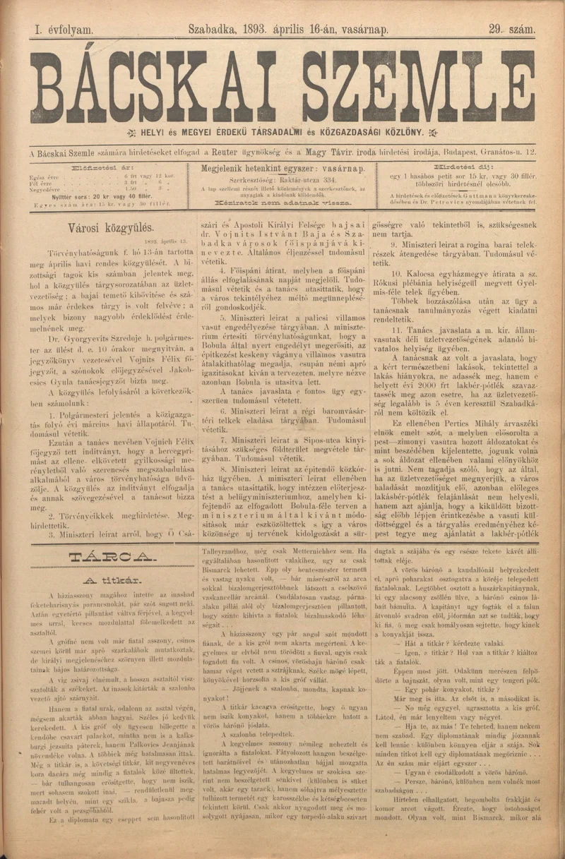 Bácskai Szemle, 1. évf. 1893. április 16. 29. sz.