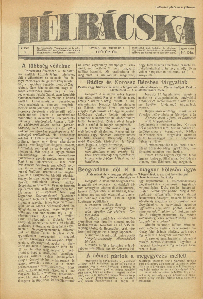 Délbácska, 5. évf. 1924. január 3. 2. sz.