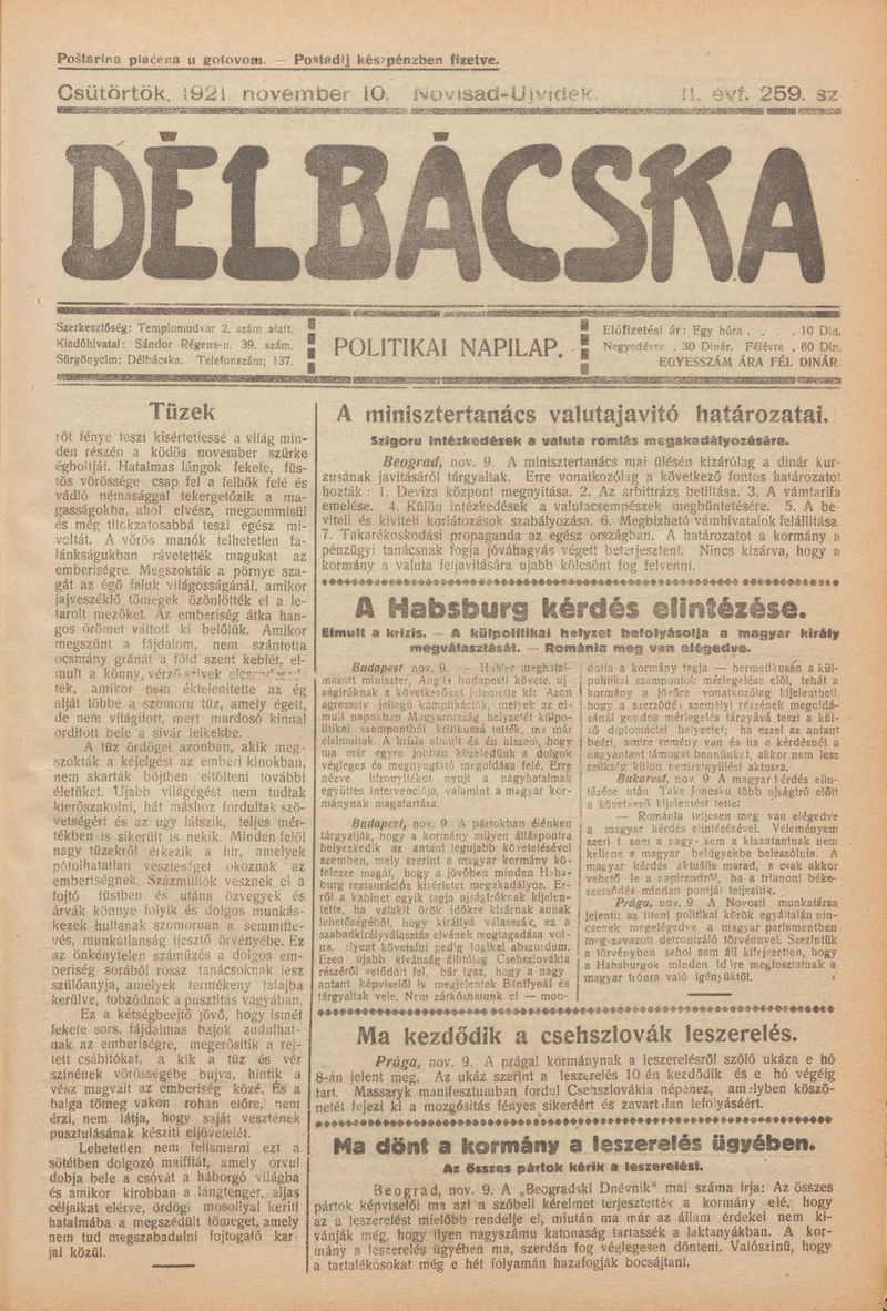 Délbácska, 2. évf. 1921. november 10. 259. sz.
