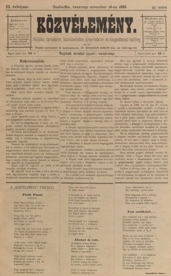 Közvélemény, 3. évf. 1888. november 18. 47. sz.