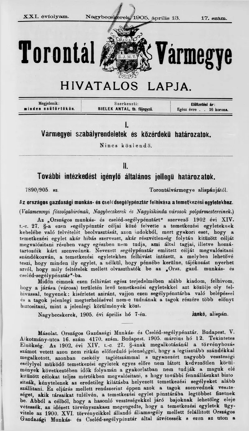 Torontál Vármegye Hivatalos Lapja, 21. évf. 1905. április 13. 17. sz.