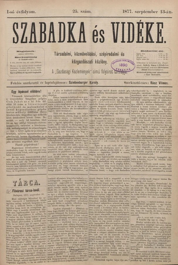 Szabadka és vidéke, 1. évf. 1877. szeptember 13. 25. sz.
