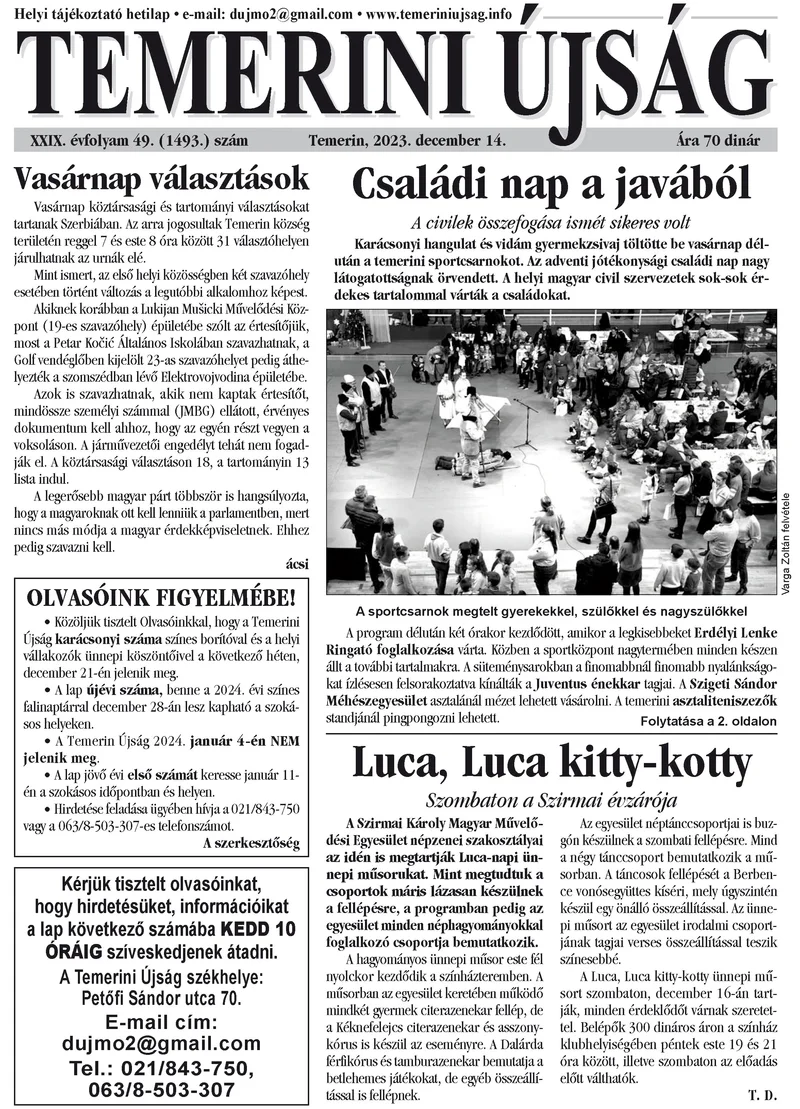 Temerini Újság, 29. évf. 2023. december 14. 49. sz.