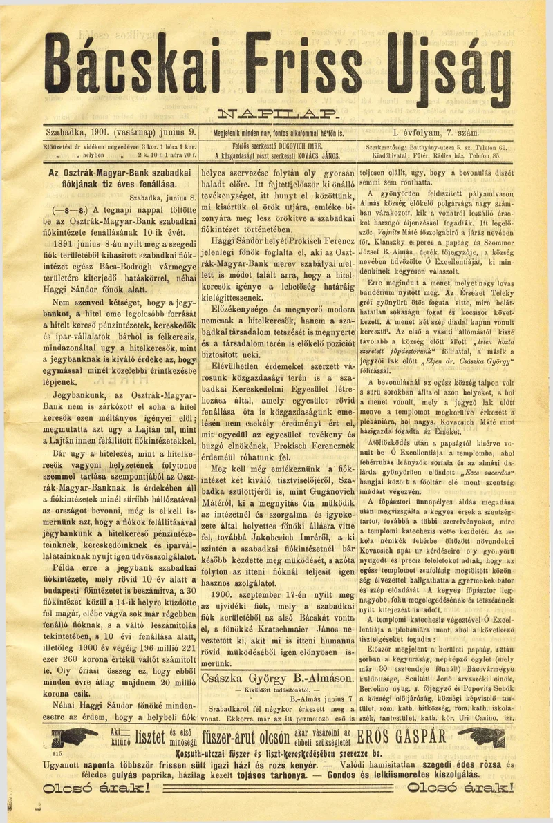 Bácskai Friss Ujság, 1. évf. 1901. június 9. 7. sz.