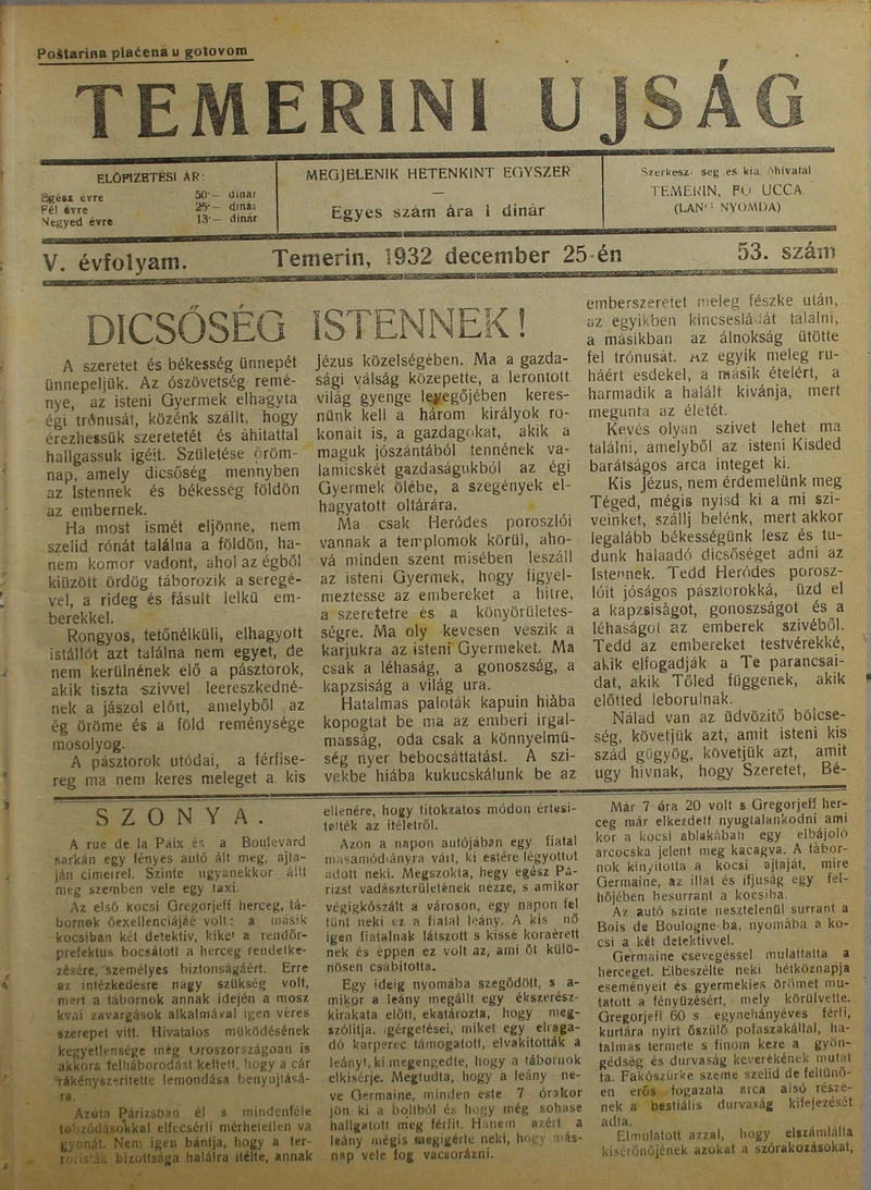 Temerini Újság 1928-1944, 5. évf. 1932. december 25. 53. sz.