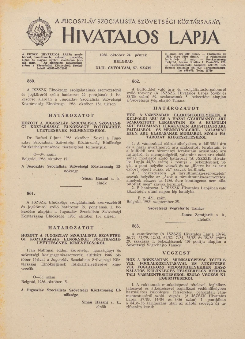 A Jugoszláv Szocialista Szövetségi Köztársaság Hivatalos Lapja, 42. évf. 1986. október 24. 57. sz. 1669–1700. oldal