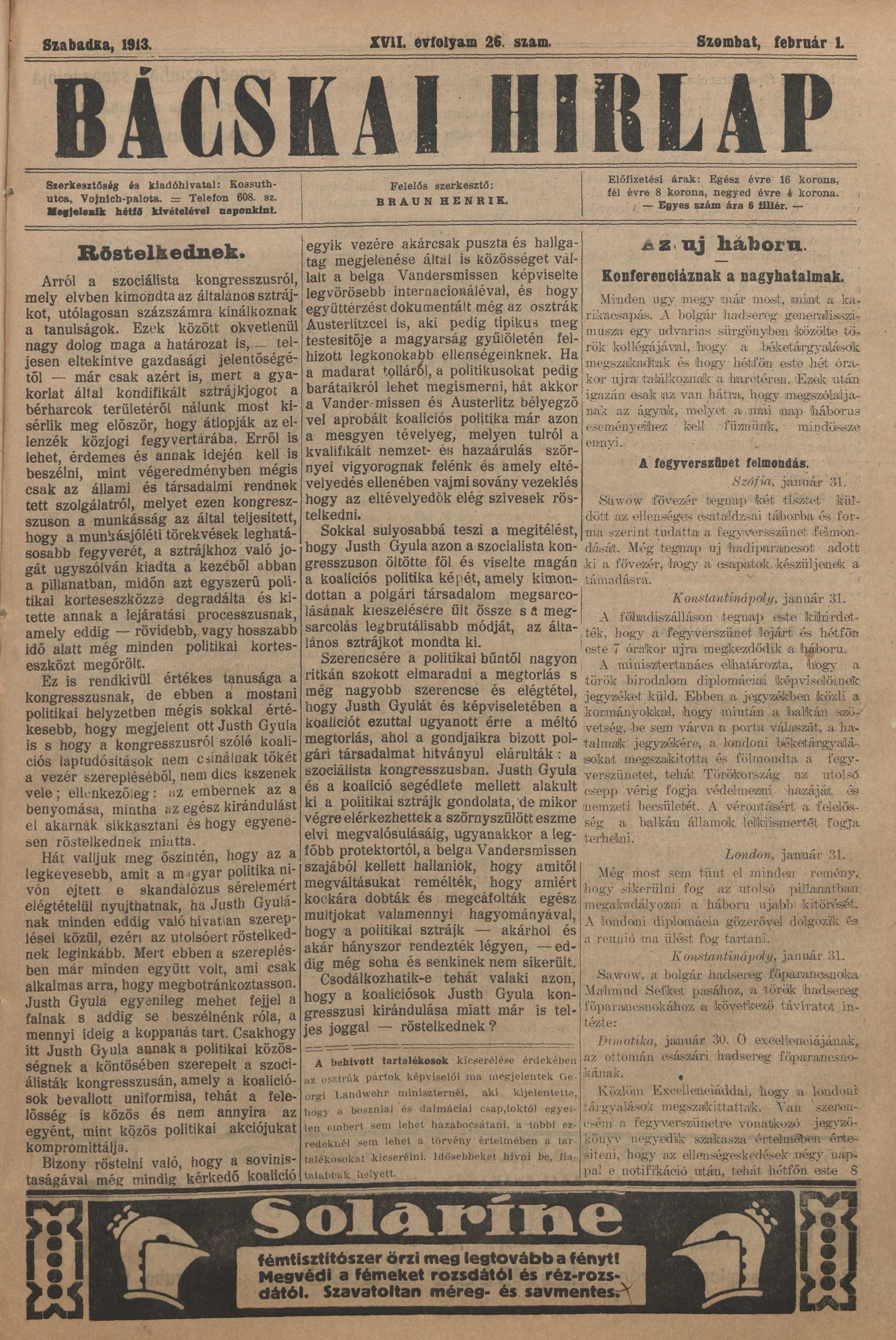 Bácskai Hirlap, 17. évf. 1913. február 1. 26. sz.