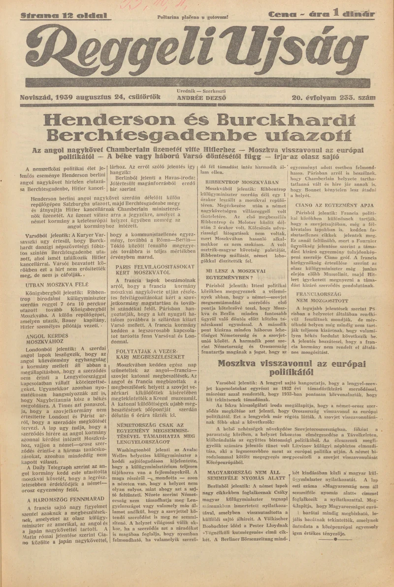 Reggeli Újság, 20. évf. 1939. augusztus 24. 233. sz.