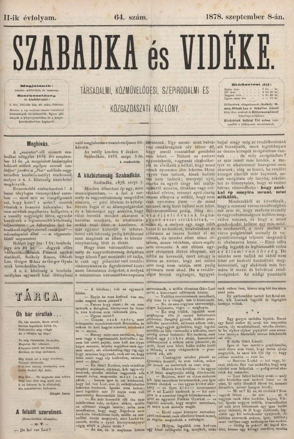 Szabadka és vidéke, 2. évf. 1878. szeptember 8. 64. sz.
